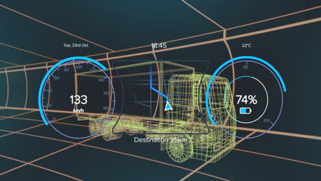 Animation of speedometer over electric truck project on navy background