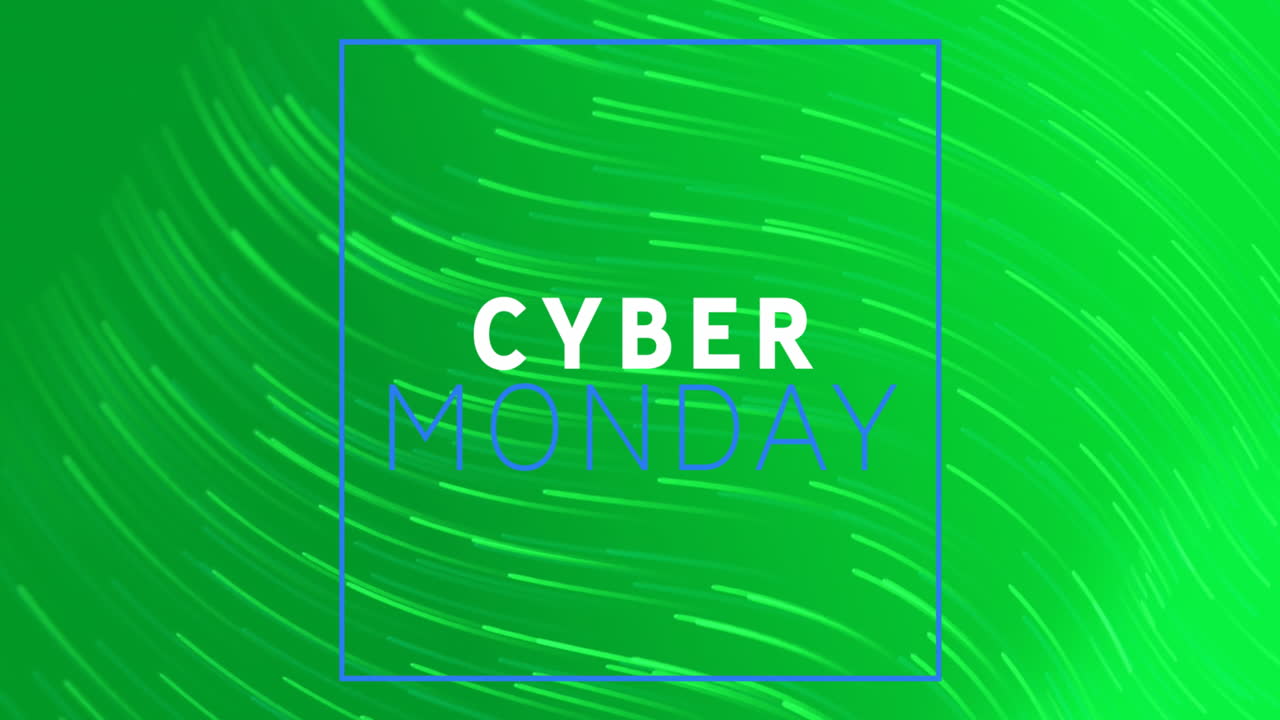 Animasi spanduk teks Cyber Monday di atas jejak cahaya bergerak dengan latar belakang hijau