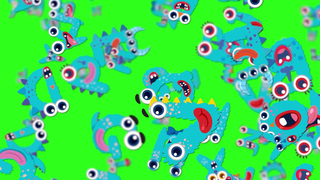 Animated blue creatures with big eyes and playful expressions tumble across a bright green background, creating a lively and whimsical scene