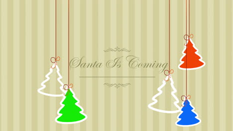 santa is coming with hanging christmas trees and toys on stripes pattern