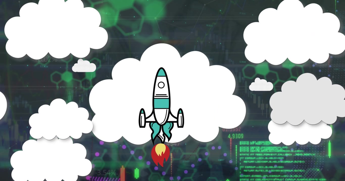 Animation of clouds and flying rocket with graphs, increasing numbers over hexagons pattern