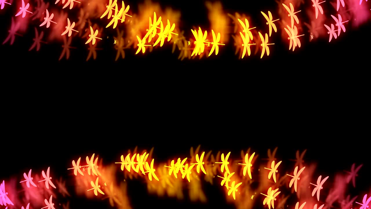 추상적인 보케 빛은 드래곤플라이 비행 패턴, 노란색과 분홍색의 그라디언트, 어두운 배경의 컬러 일러스트레이션, 중간 복사 공간과 함께 원활한 루핑 애니메이션 4k