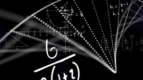 animación digital de ecuaciones matemáticas y símbolos contra la estructura del adn girando en el fondo negro