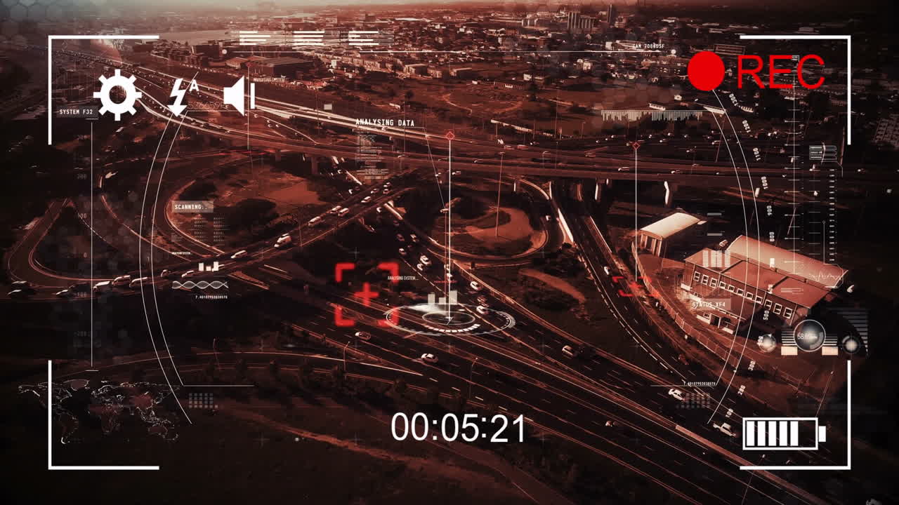 Surveillance and tracking animation over aerial view of busy urban highway