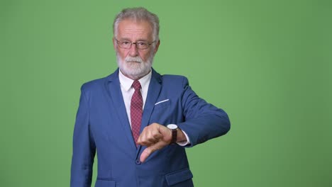 handsome senior bearded businessman against green background