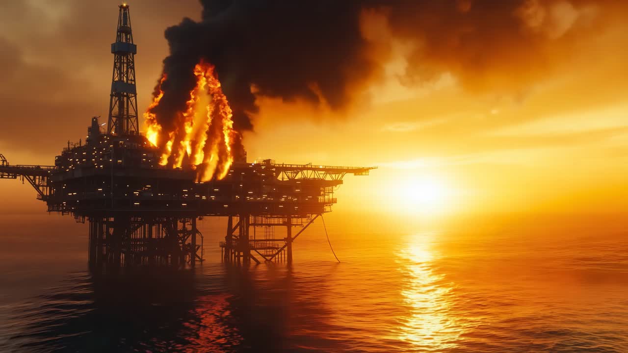 해가 지는 바다 한가운데에 있는 석유 기구