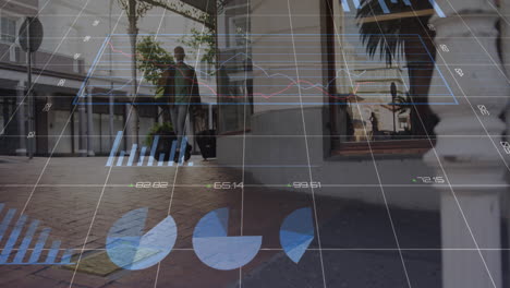 gráficos de datos de negocios animación sobre personas que caminan por la calle de la ciudad con equipaje