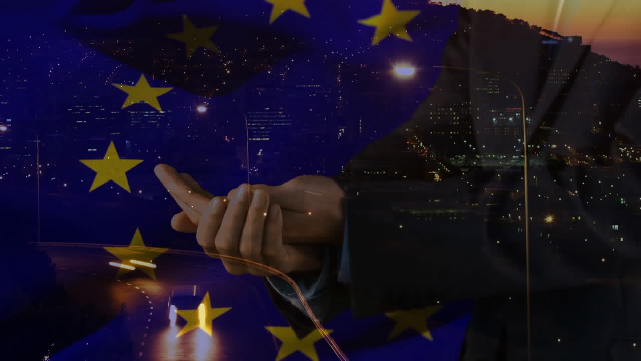 Suited hand presenting globe appearing above palm, rotating with EU stars and lights showing unity