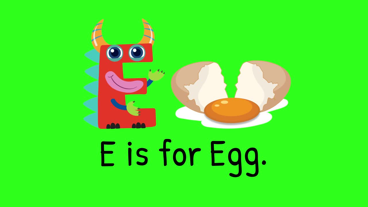 Playful animation with a cartoon character and egg on a bright green background, emphasizing the letter E