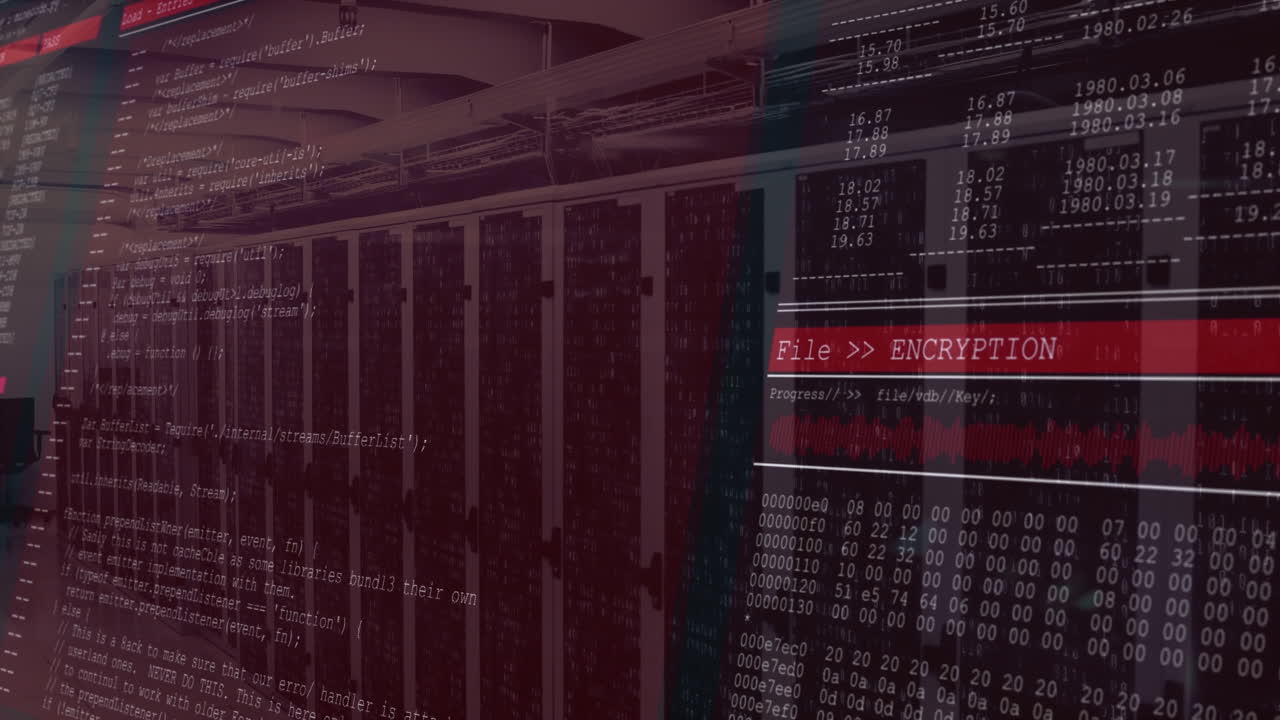 Animation of computer code overlaying server racks in data center