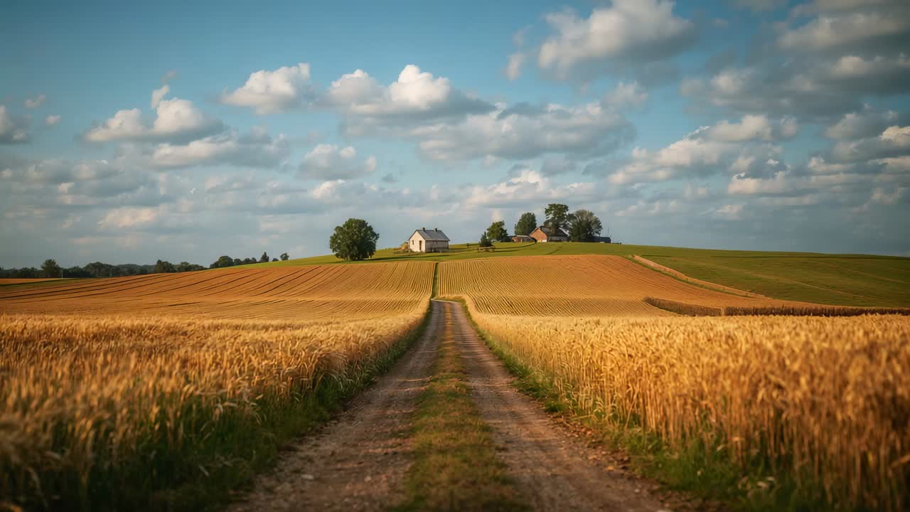 Pushing forward camera showing dirt track leading to farmhouse, drawing eyes through golden wheat