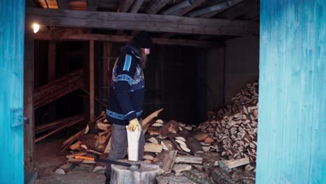 Man-Chopping-Wood-With-An-Ax-On-Winter-Day---Wide-Shot