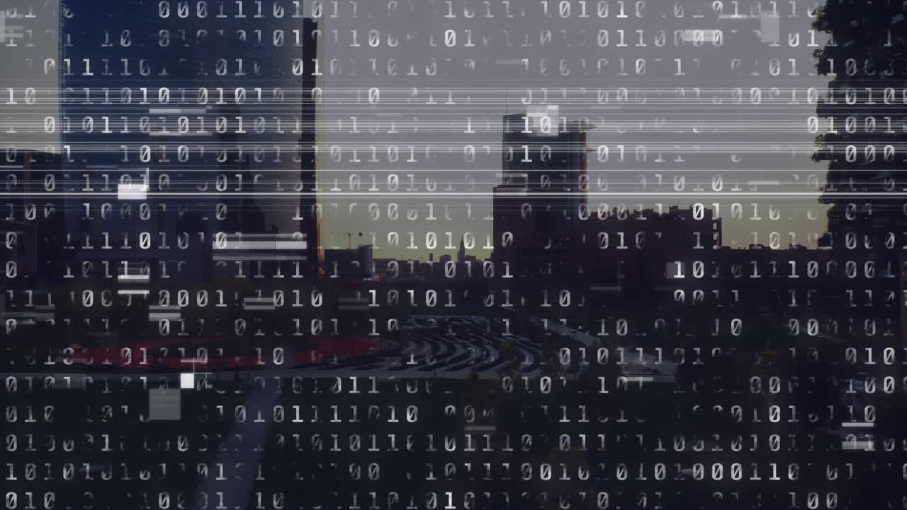 animación de la codificación binaria sobre el paisaje urbano