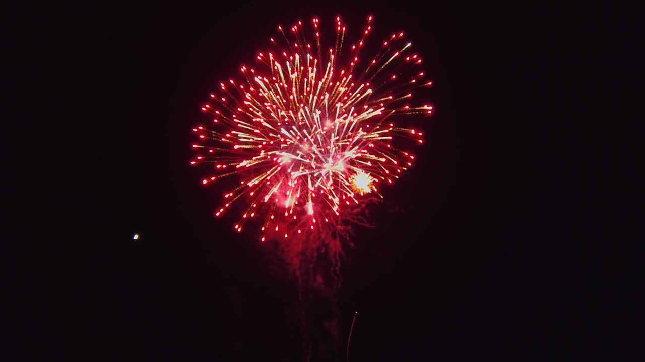 Colorful fireworks burst in the dark sky, illuminating the surroundings with bright sparks. This vibrant display takes place during a community celebration, captivating the audience with excitement