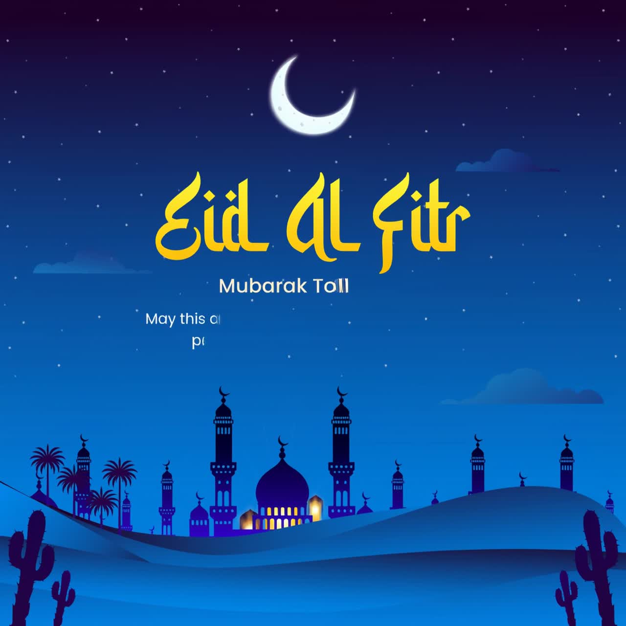 Animazione di auguri Eid al Fitr, luna crescente, stelle, skyline di moschee su sfondo blu del deserto.