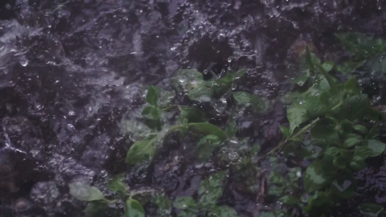 Slow motion rain falling on over saturated ground and flooding