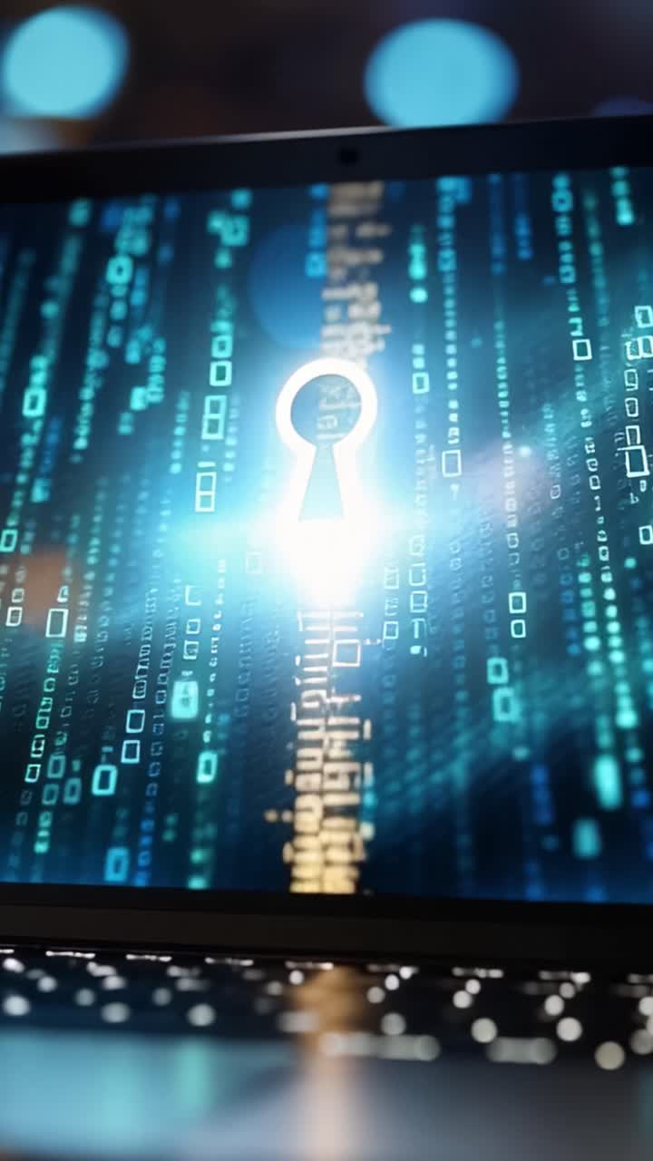A digital representation of data encryption, featuring a lock and binary code on a computer screen, emphasizing cybersecurity and protection of information
