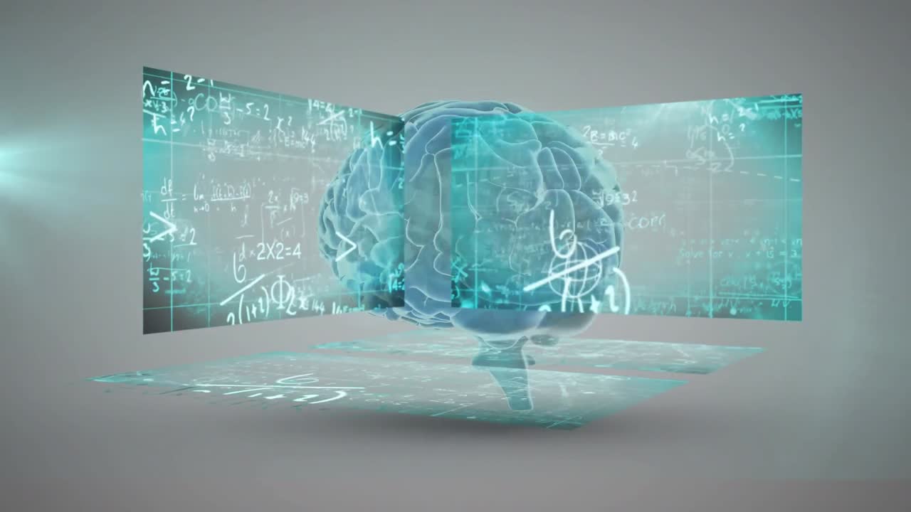 Animation of human brain spinning with digital data processing on screens