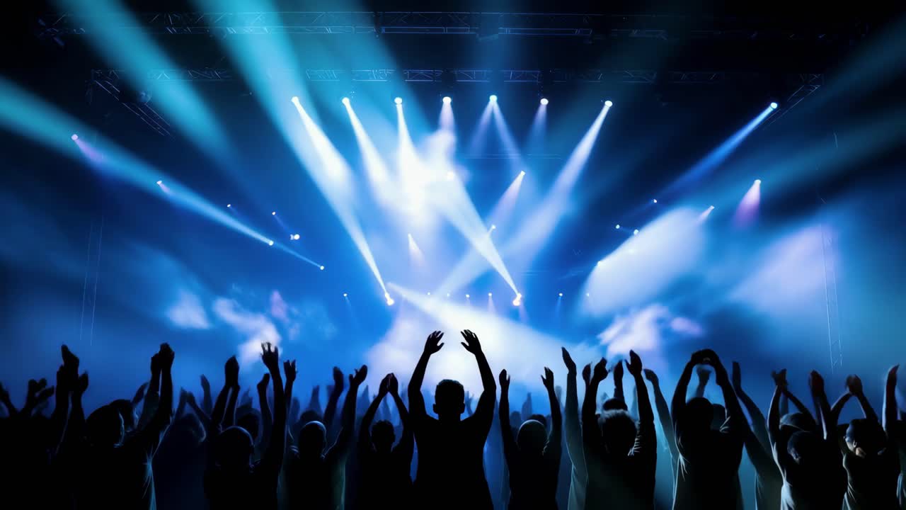 Dynamic concert scene with vibrant lights and cheering crowd, captured from a low angle, perfect