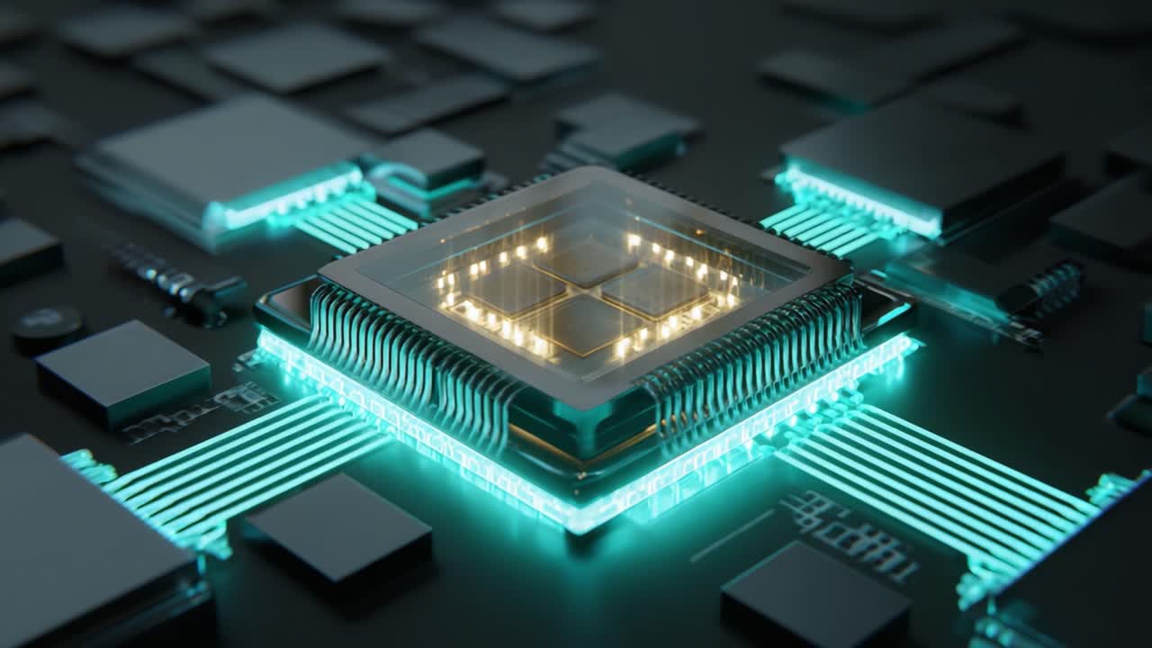 A stunning close-up view of an advanced microchip showcasing intricate details, illuminated circuitry, and a sleek design, highlighting the cutting-edge technology behind modern computing