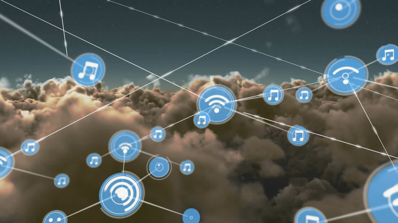 animación de redes de conexiones con iconos en el cielo