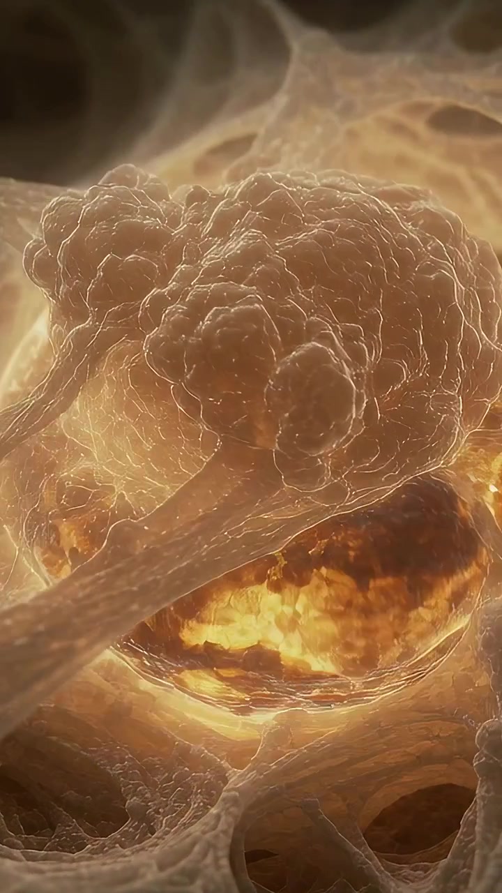 Vertical video: Approaching beige mass sending stalks to golden sphere in fibrous mesh forming core