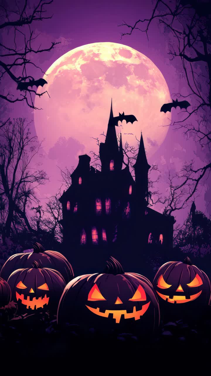 Scena spettrale di Halloween con vista dal basso di una casa infestata, zucche luminose e pipistrelli