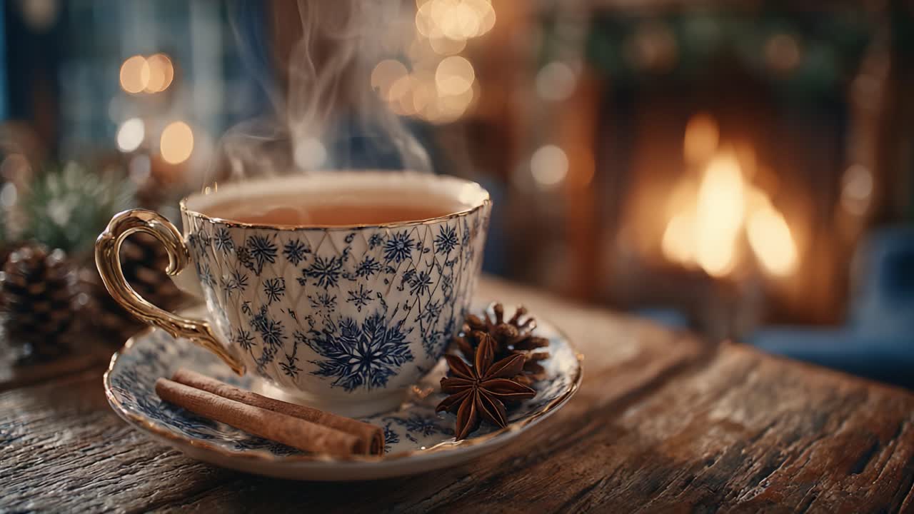 Cozy Moments by the Fire: A Beautifully Crafted Teacup with Steaming Tea and Rustic Decor, Perfect for Winter Gatherings and Comforting Evenings