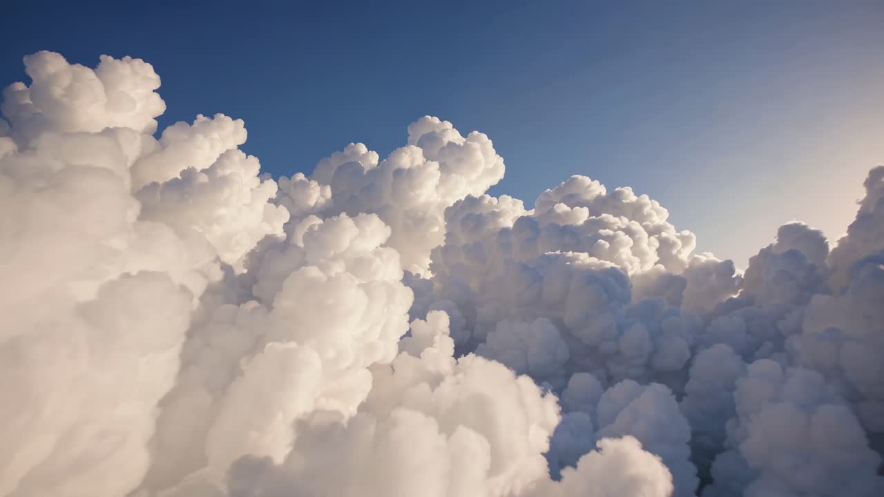 Aerial video view of fluffy clouds against a clear blue sky, capturing a serene and dreamy