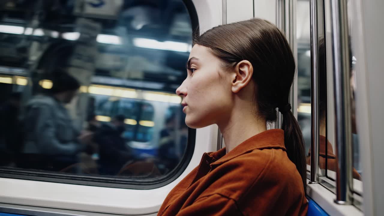 Contemplative female passenger observing the passing cityscape through the train window, immersed in her thoughts during an evening commute, reflecting on her day or upcoming plans