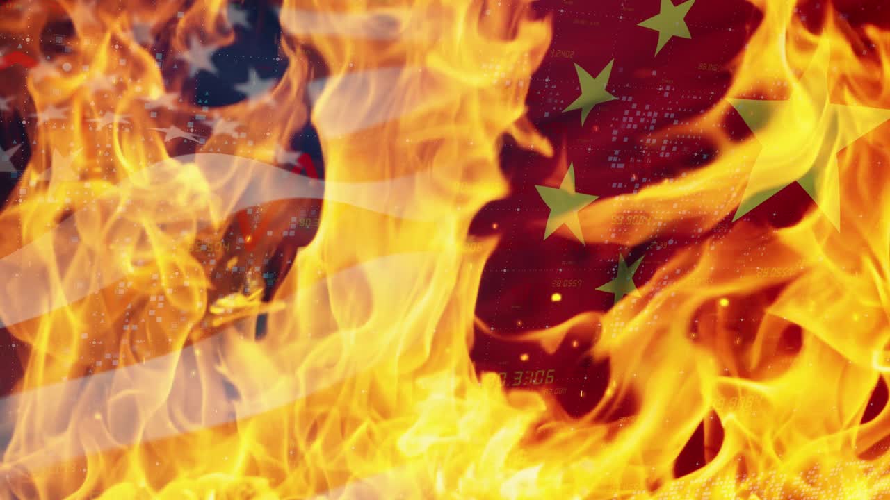 Burning visual of trade conflict, new global warfare through financial crisis