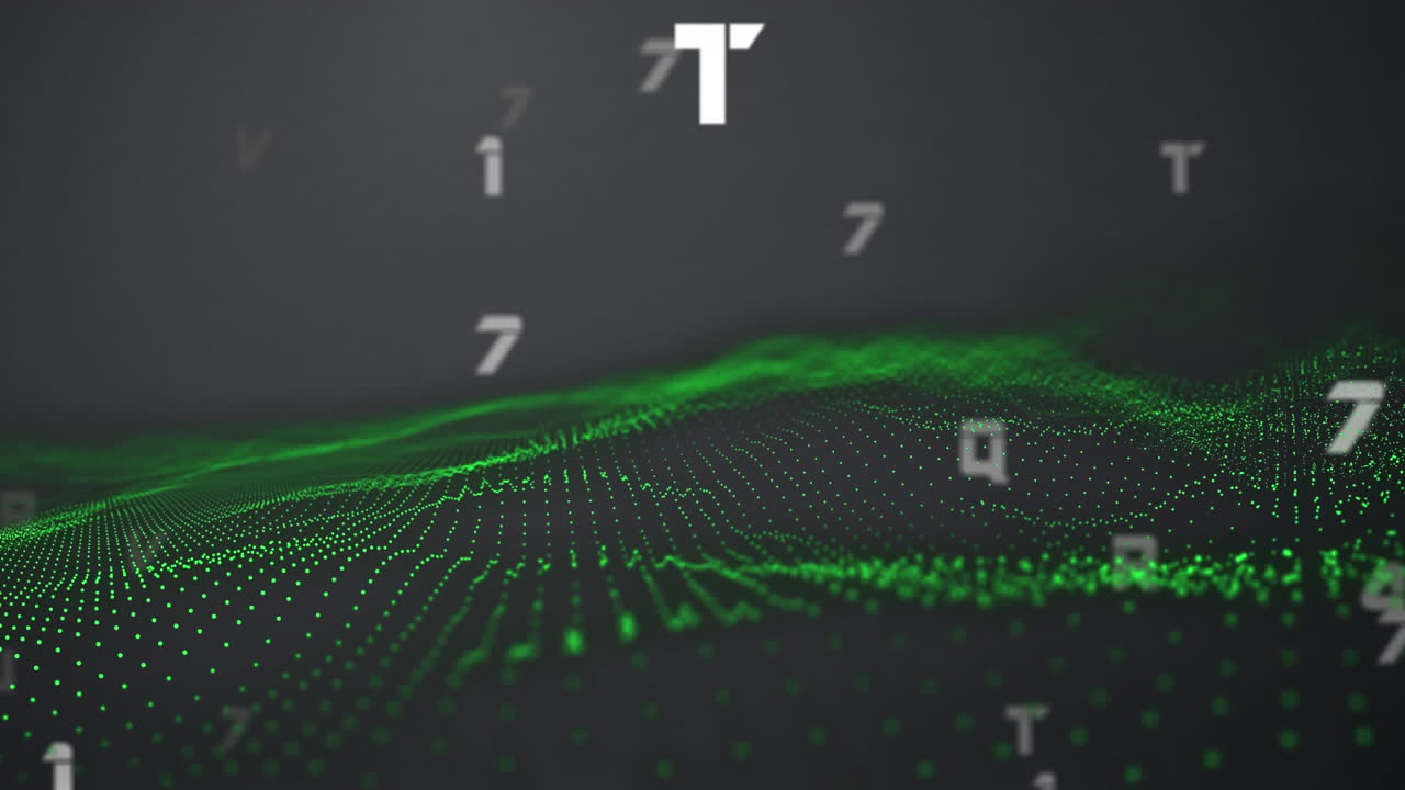 Animazione di numeri e lettere bianchi che cambiano su un paesaggio digitale verde in movimento su sfondo grigio