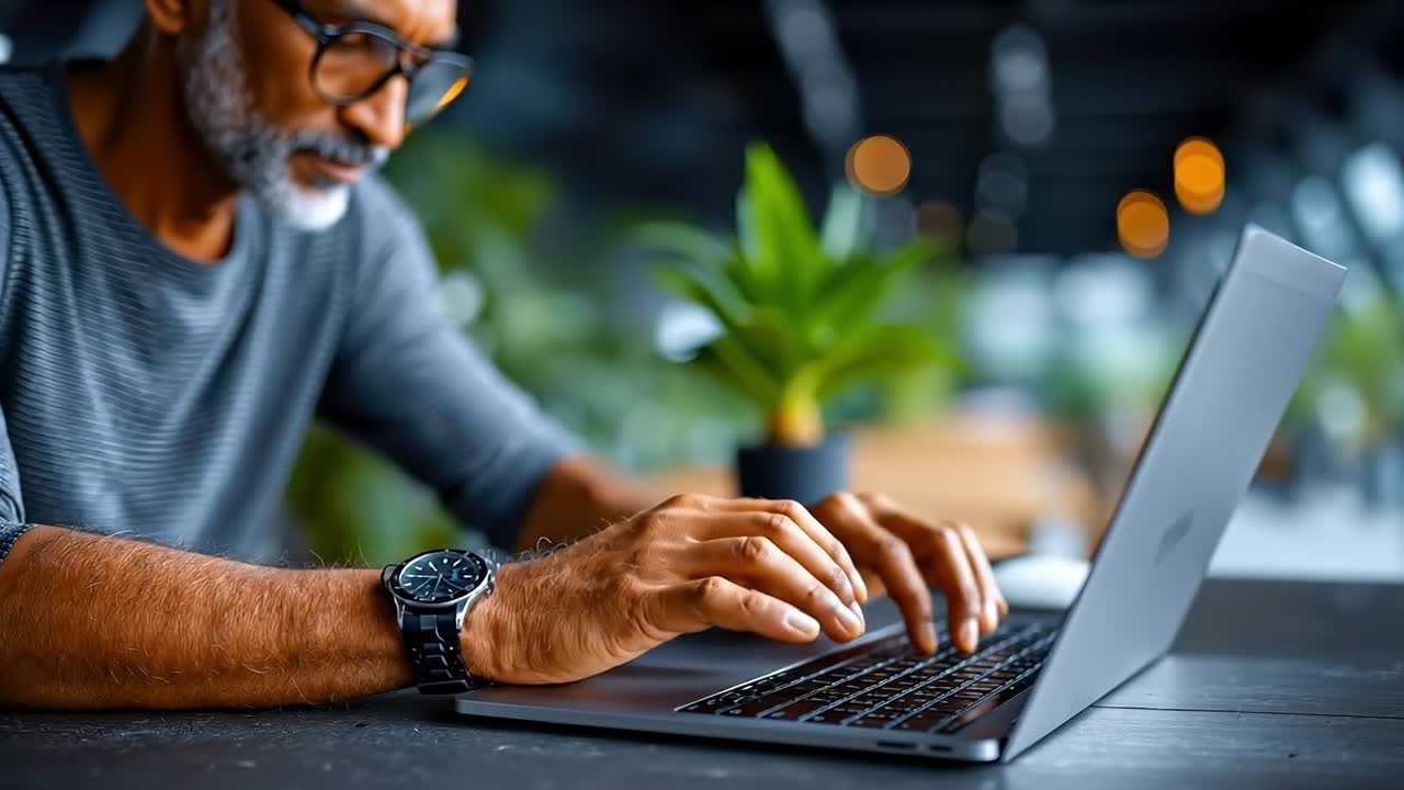 A man sitting at a table using a laptop computer