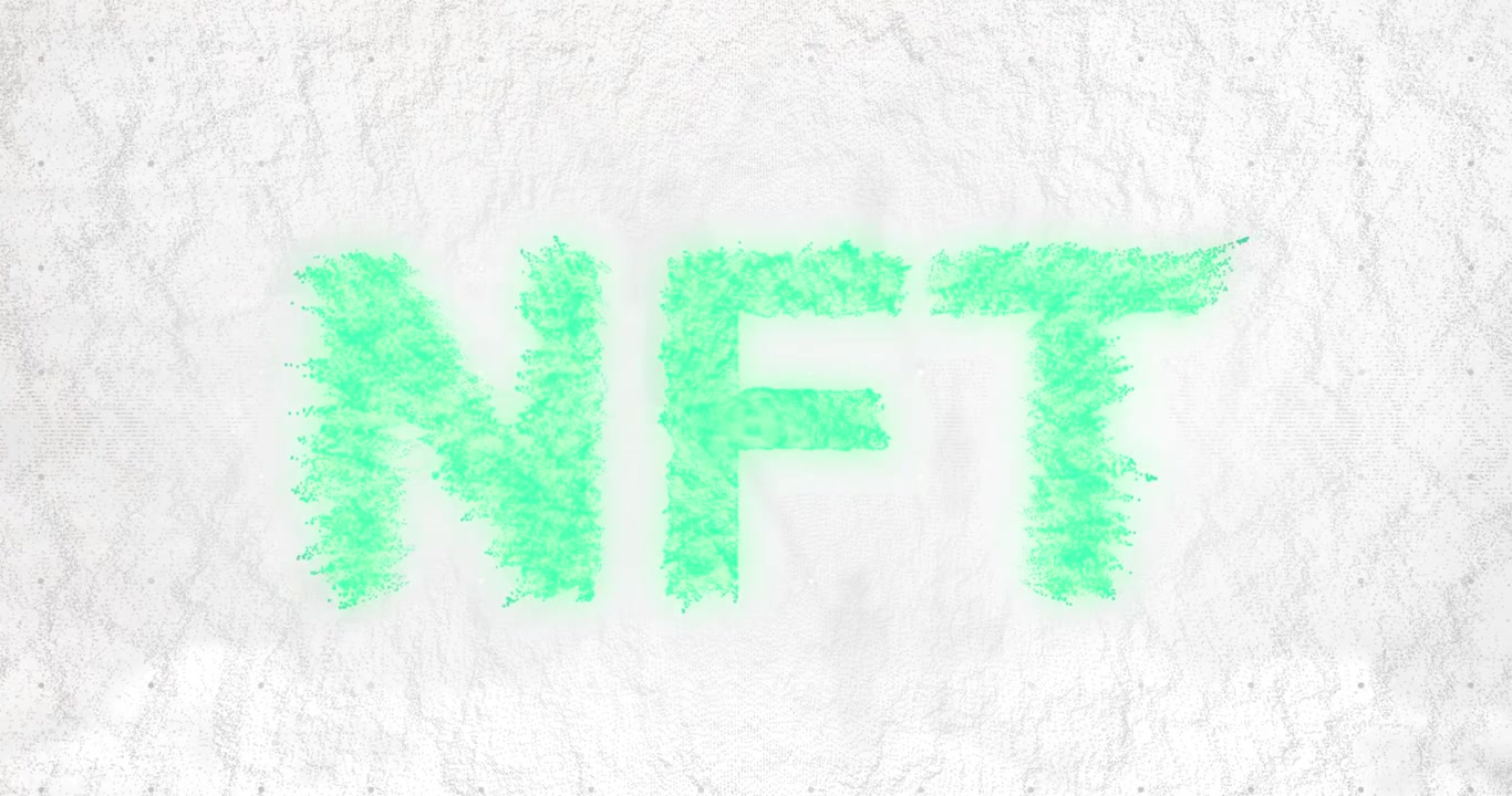 Animazione della parola NFT verde brillante su sfondo bianco astratto