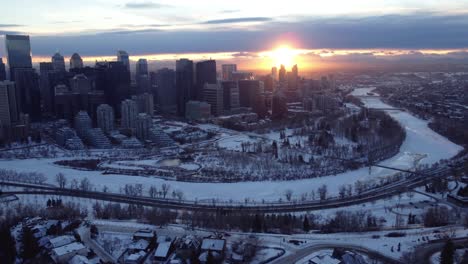 a flying drone's perspective of a winter sunset in calgary's downtown