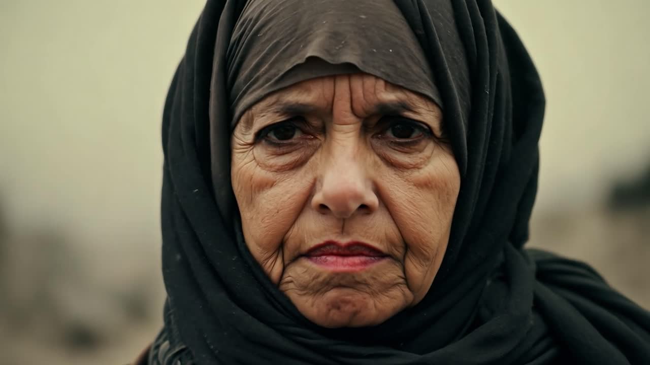 Lähikuva vakavasta iäkkäämmästä naisesta hijabissa.