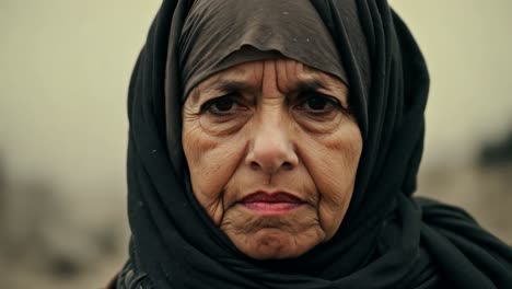 close-up portrait of a serious older woman in a hijab