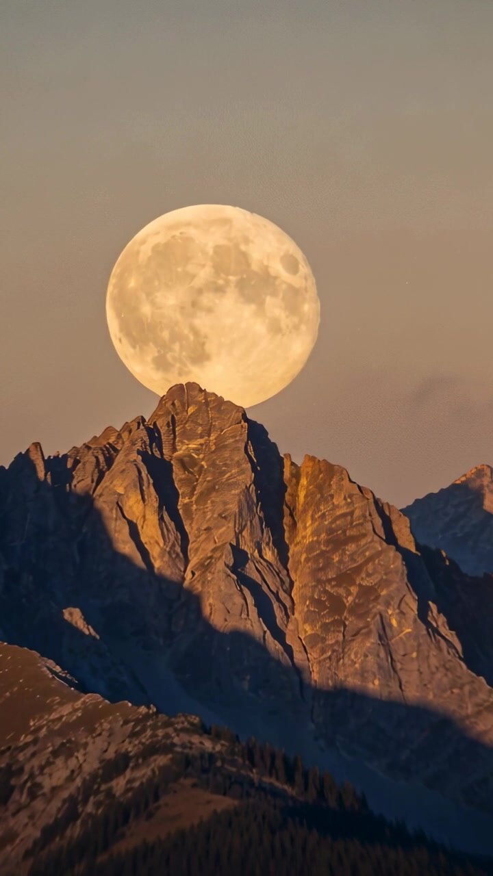Vídeo vertical: Nascer da lua iniciando, com lua cheia deslizando atrás de pico de montanha escarpado ao crepúsculo.
