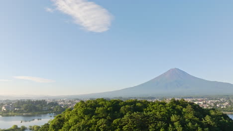 panoramic aerial circling an island with mt fuji background, in kawaguchi, japan
