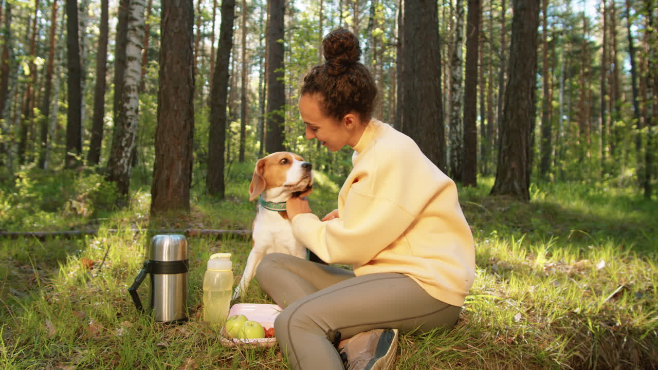 Kvinde nyder en picnic med sin Beagle i skoven