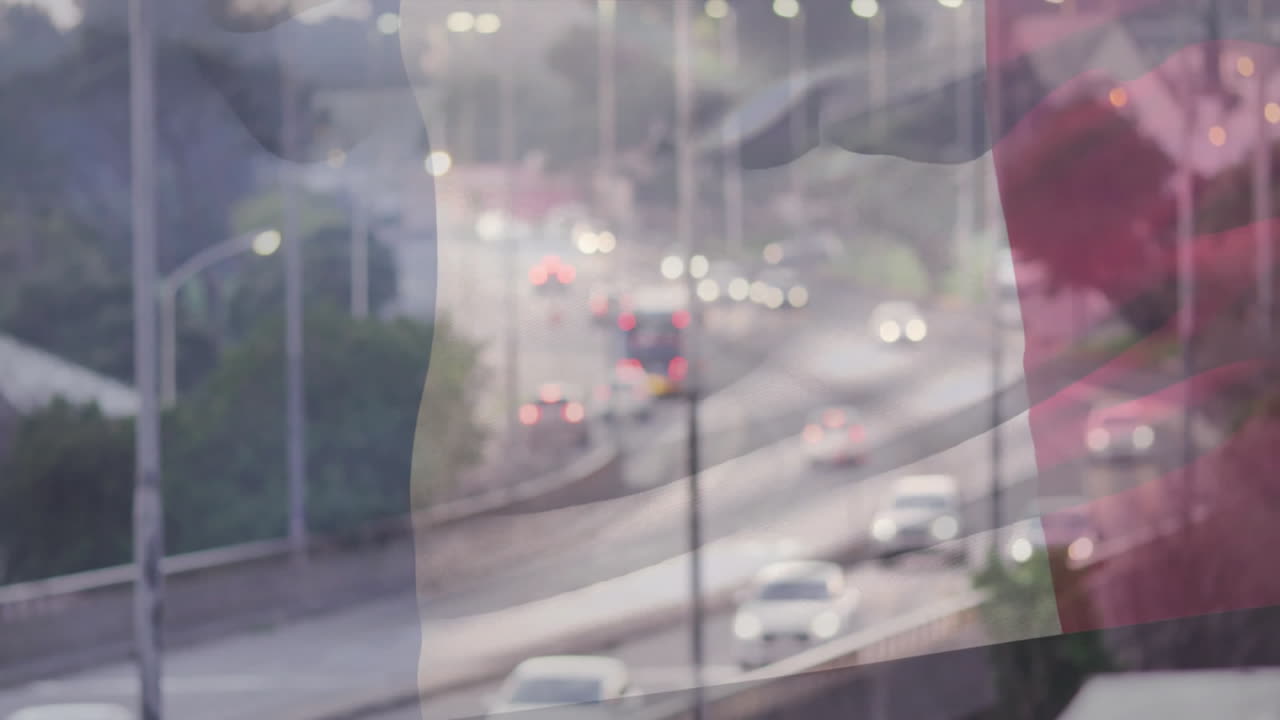 Animation of city traffic overlaying face in profile, creating abstract effect