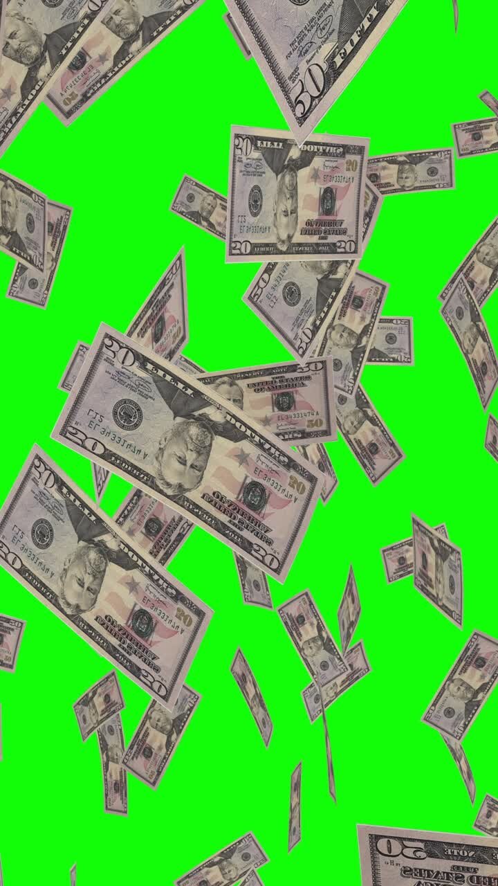 caen billetes de cincuenta dólares en una pantalla verde