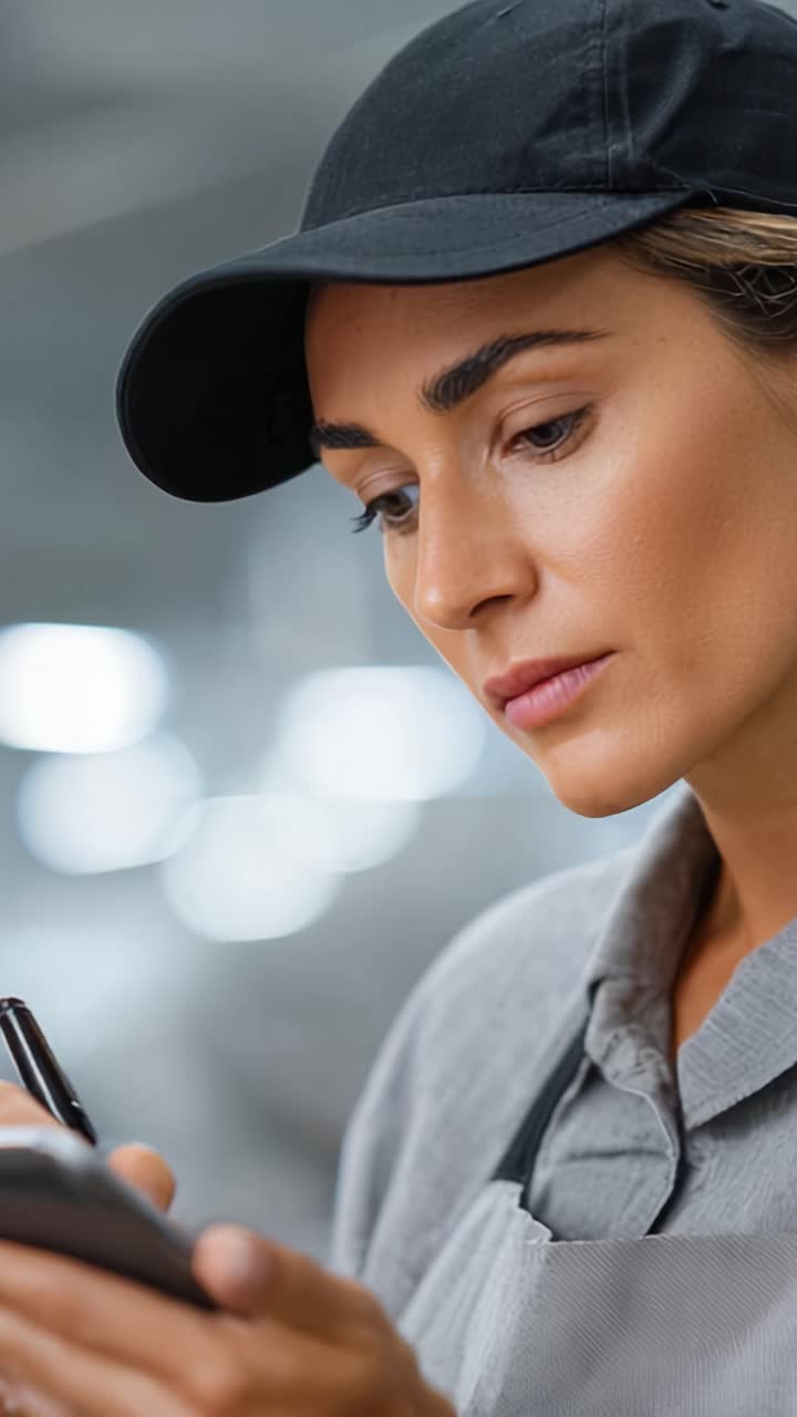 Focused Female Worker in Cap Taking Notes on Smartphone in Modern Workplace, Demonstrating Concentration and Commitment to Task at Hand