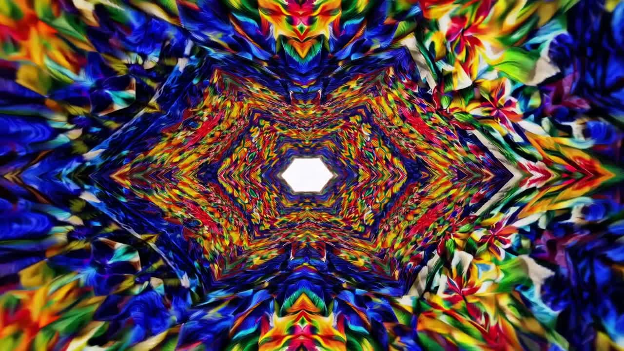 Vibrant kaleidoscopic patterns transition through vivid colors and shapes, creating a mesmerizing visual journey that captivates the viewer's imagination and senses