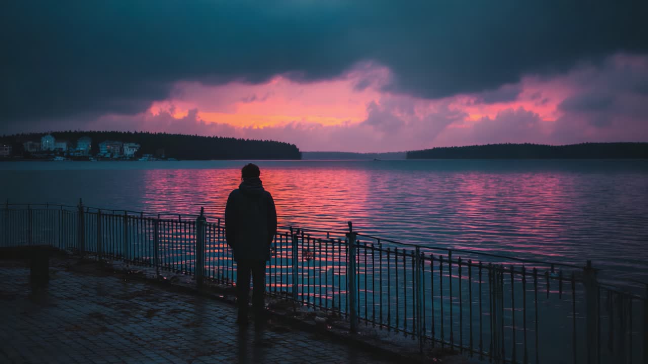 Une silhouette solitaire contemple un front de mer serein, où des nuances vibrantes de violet et de rose illuminent le ciel du soir, créant une scène tranquille mais captivante.
