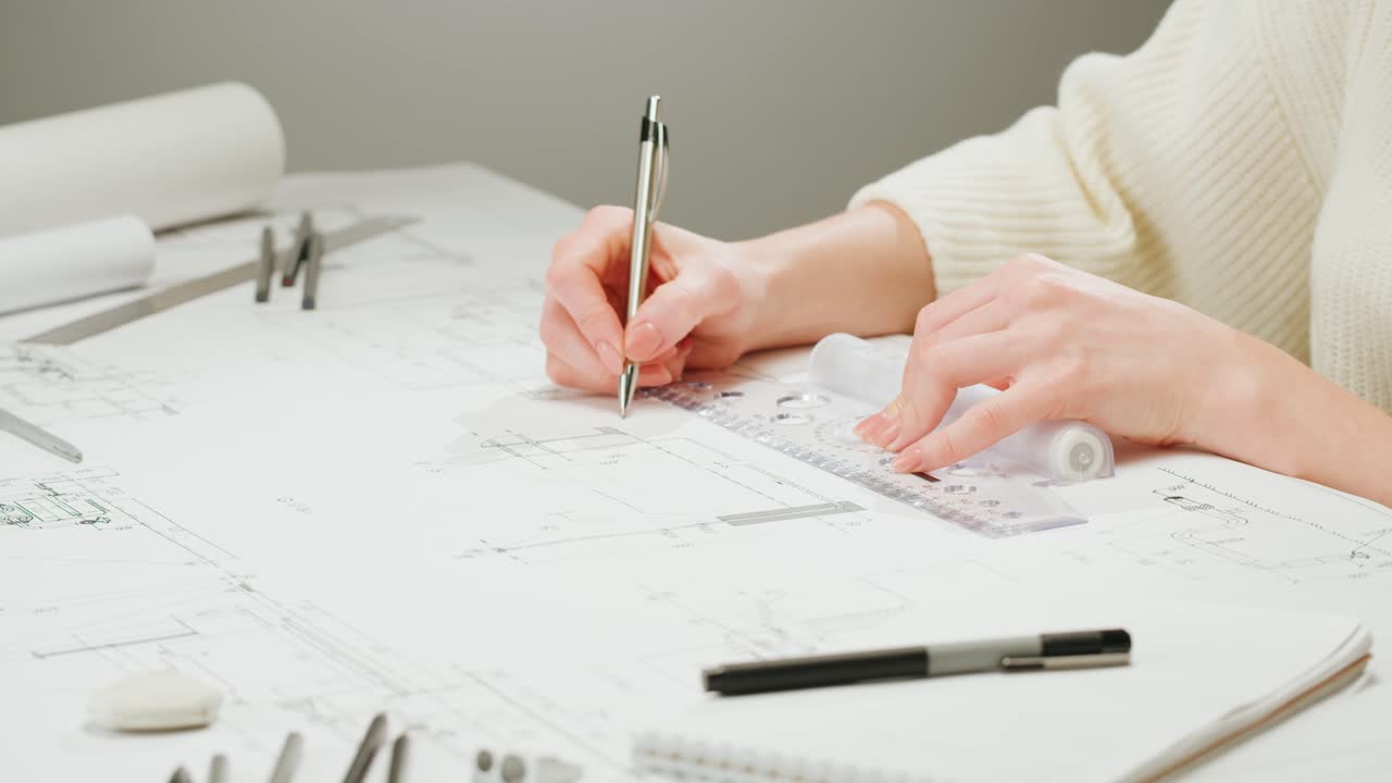 Hands Drafting Architectural Blueprints with a Ruler and Pen