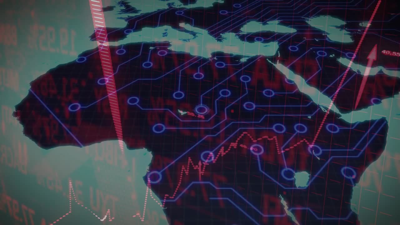 Upon loading Africa map tracing neon circuits and pulsing red arrows representing market growth