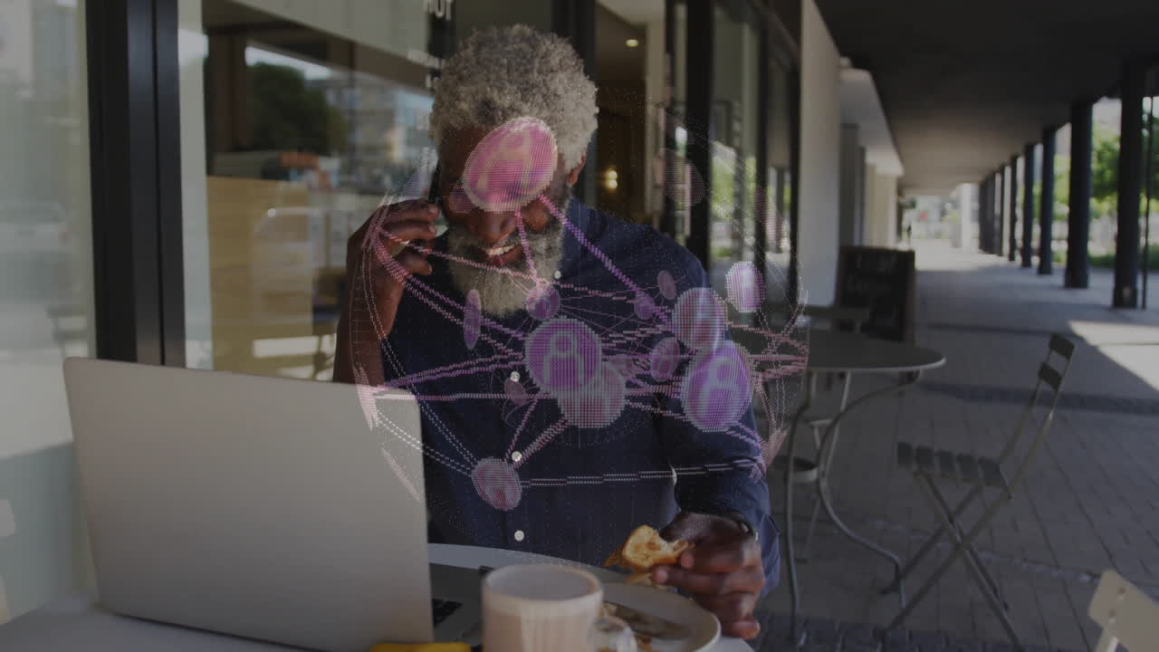 Man talking on phone and eating, with network connections animation overlay