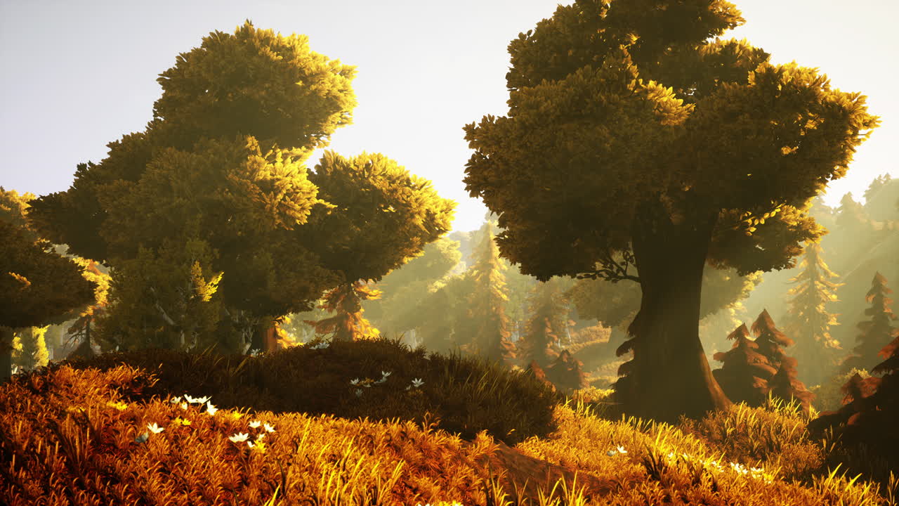 만화의  ⁇ 빛이 나무들을 가로질러 흐르고 있습니다.