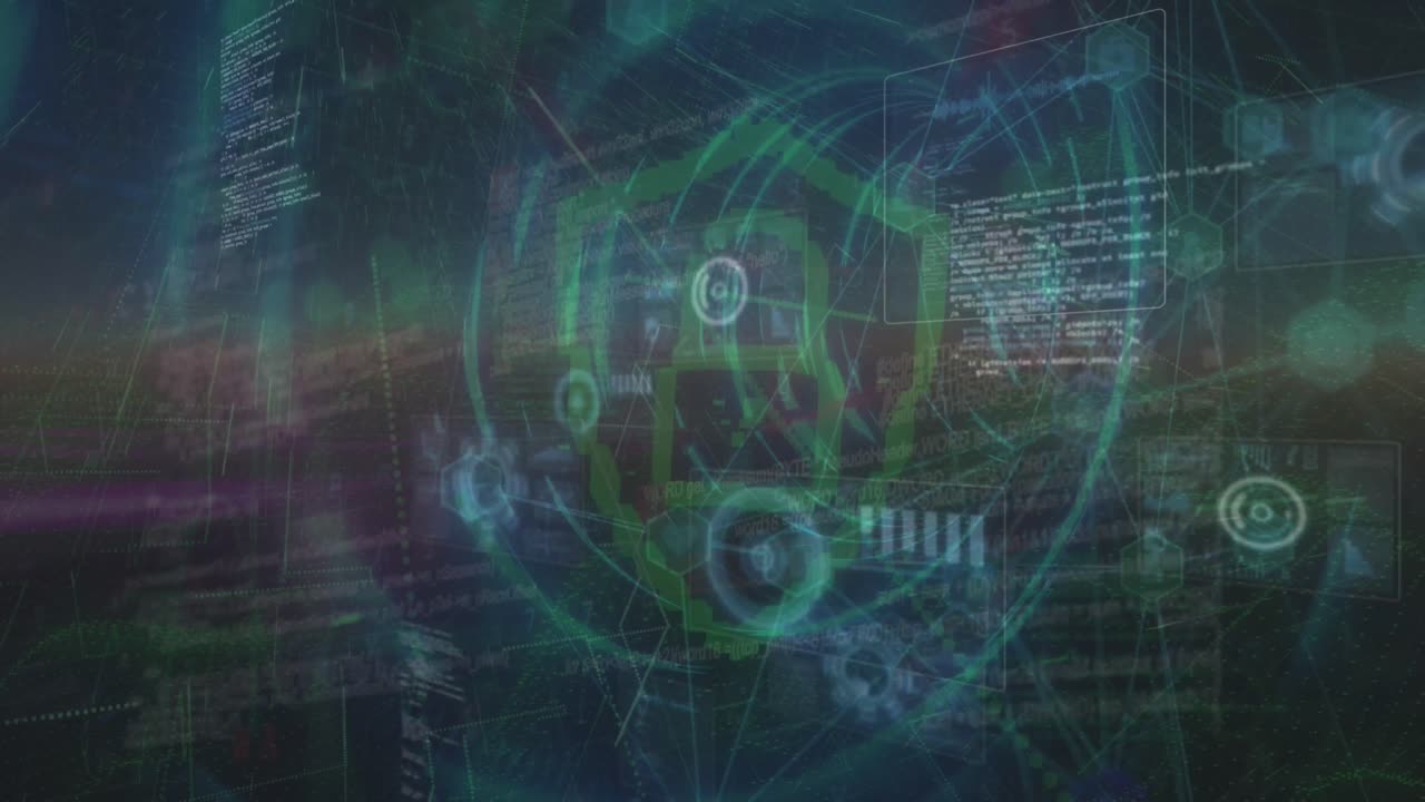 Animation of data processing with padlock icon over tunnel